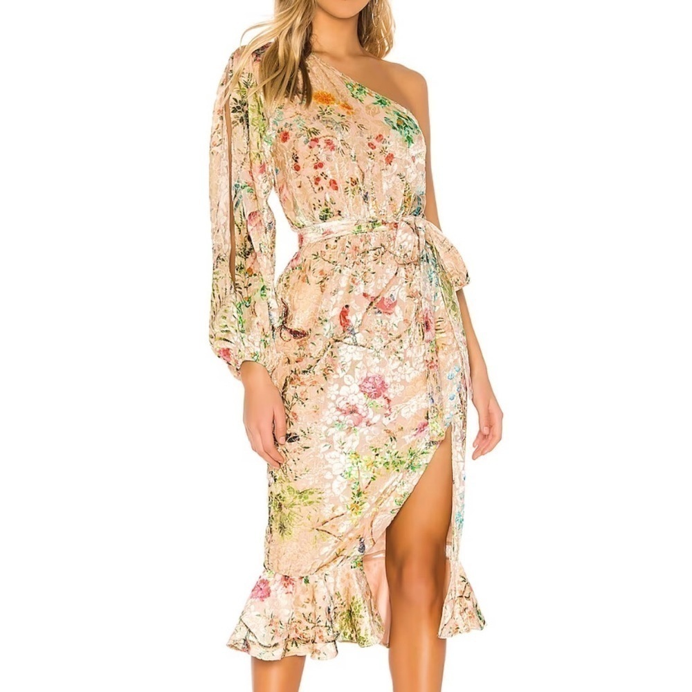 Hemant & Nandita Veena Dress in Nude One Shoulder Split Sleeve Ruffle S